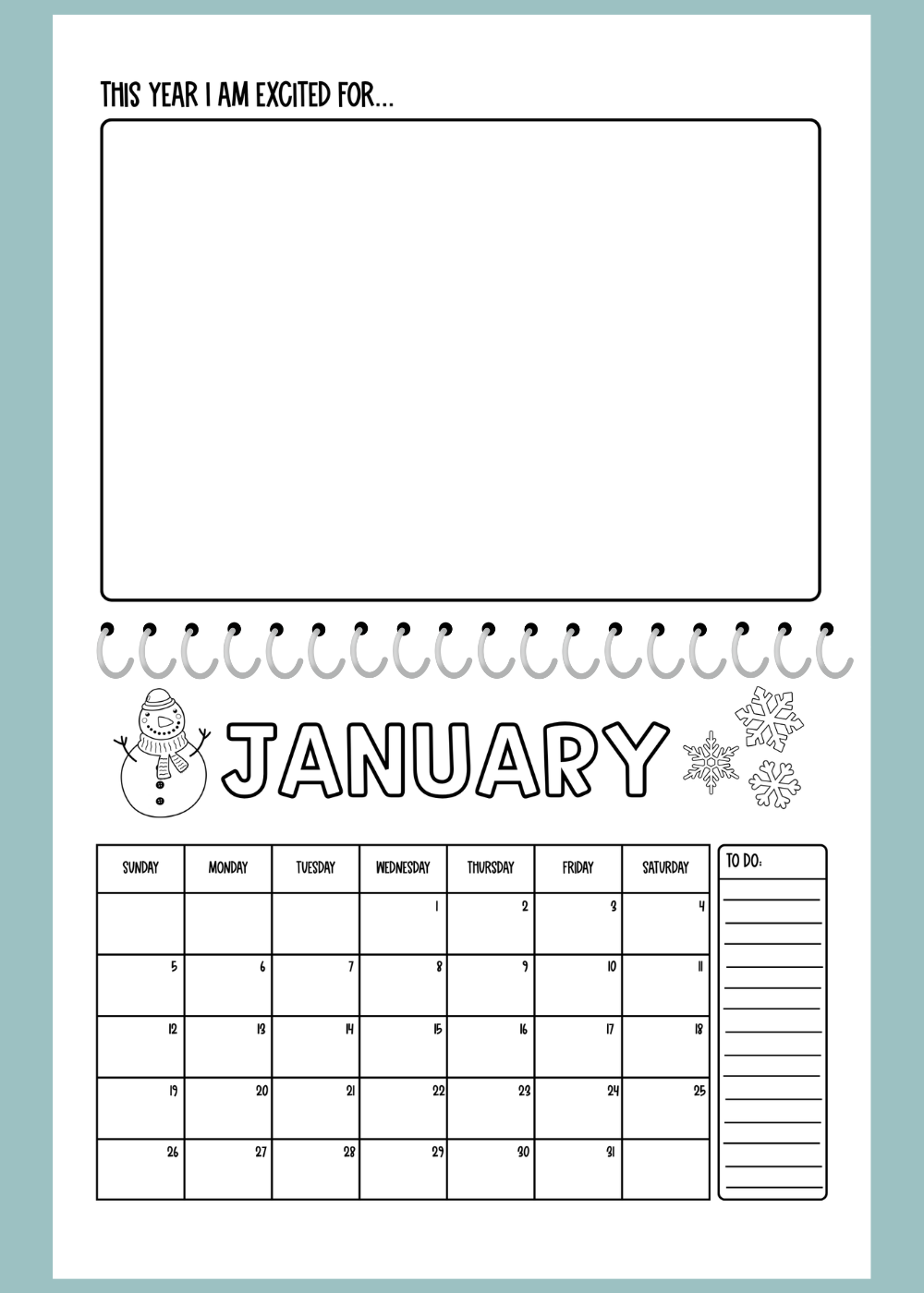 Printable Kids Coloring Calendar 2025